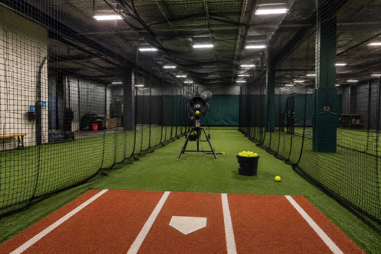 Indoor single-lane batting cage with a softball pitching machine